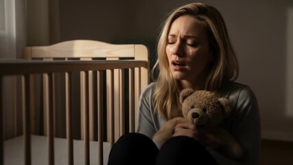 Woman grieving near empty baby crib