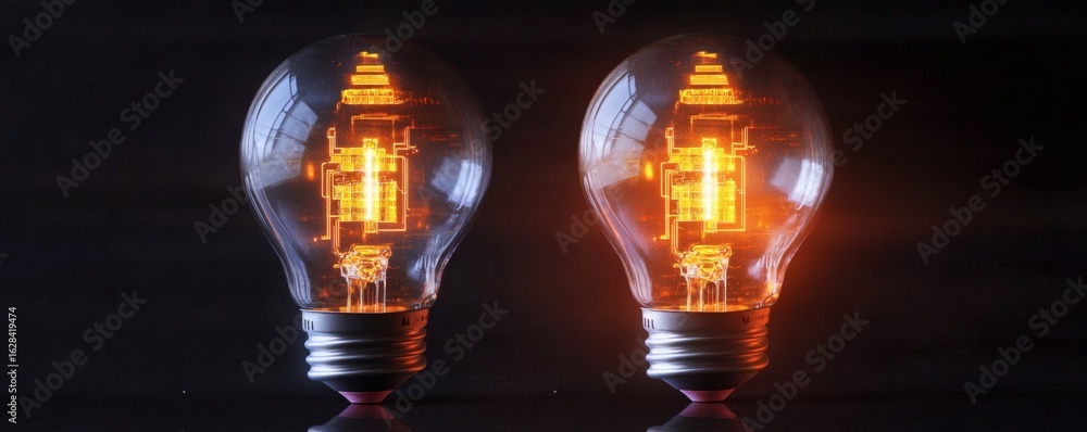 Aufkleber two illuminated light bulbs displaying circuit board technology concepts