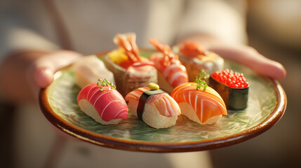 3D illustration of a Japanese chef is showing off a delicious-looking sushi set beautifully arranged on a plate.
