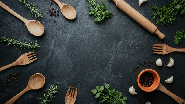 Cooking ingredients and utensils with spice bowl on dark surface herbs spices