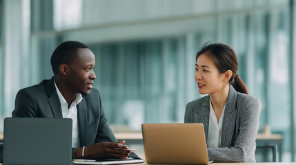 Two business professionals meeting at modern office table.
