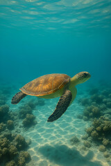 Obraz premium Sea Turtle Gliding Over Shallow Coral Reef in Clear Turquoise Water