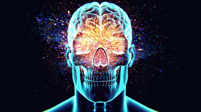 Human skull with glowing blue brain and color splash, dark background, digital animation
