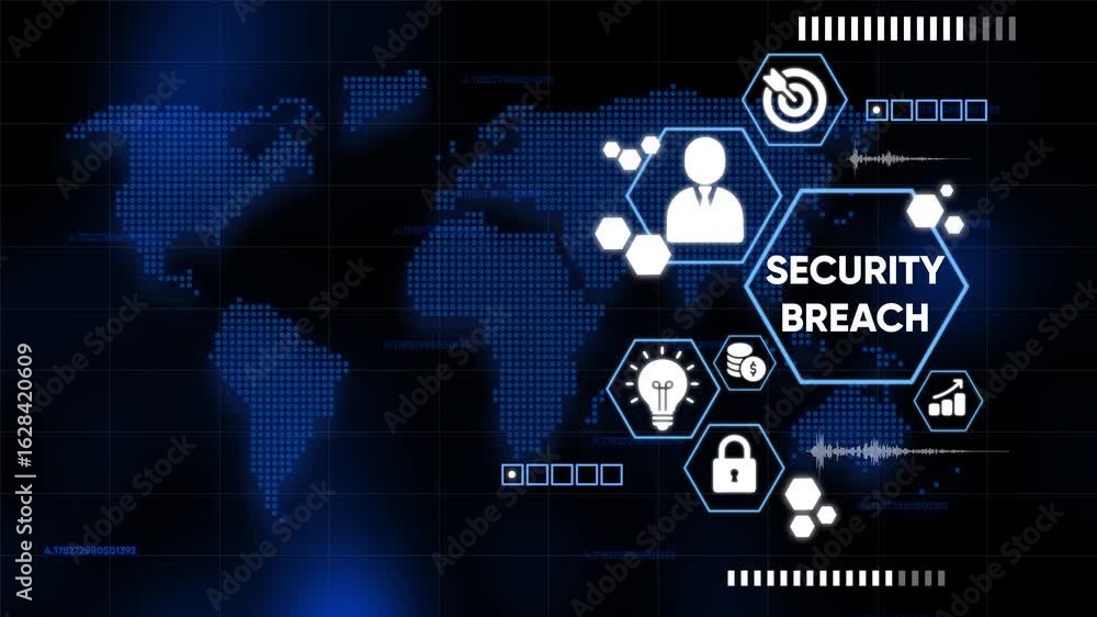 Poster digital security breach concept displaying global threats and data protection challenges