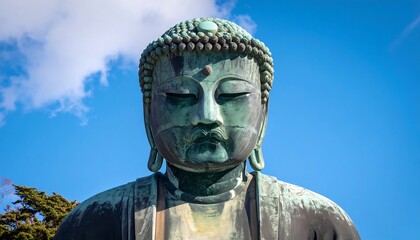 Obraz premium Close-up of the Great Buddha Statue's Face Against a Clear Blue Sky