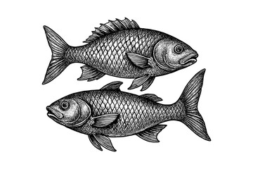 Vintage engraved fish pair design with detailed texture on white background