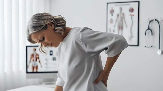 Mature Woman with Back Pain at Doctor's Office - Healthcare Concept
