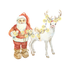 Santa Claus with a garland of glowing lights in his hands and a Christmas deer standing next to him watercolor illustration isolated. Hand drawn pastel New Year clip art for creating beautiful cards.