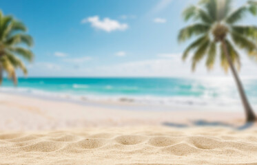 Fototapeta na wymiar Minimalist summer composition of warm golden beach sand with natural space for product placement or text overlay. Blue sky, sunlight and sea view with creative marketing summer vacation concept.