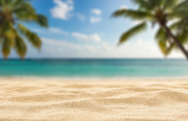 Fototapeta na wymiar Minimalist summer composition of warm golden beach sand with natural space for product placement or text overlay. Blue sky, sunlight and sea view with creative marketing summer vacation concept.