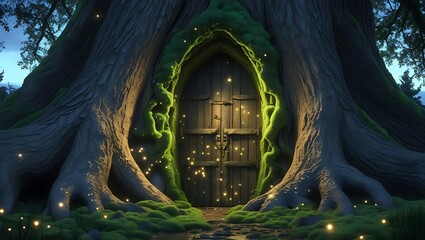 Enchanted treehouse entrance with glowing moss and fireflies