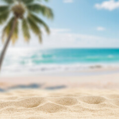 Fototapeta na wymiar Minimalist summer composition of warm golden beach sand with natural space for product placement or text overlay. Blue sky, sunlight and sea view with creative marketing summer vacation concept.
