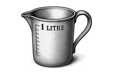 Hand drawn vintage measuring cup with 1 litre marking in black and white
