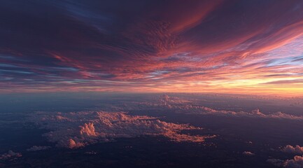 Fototapeta premium Sunset over a vast cloud layer. Dramatic colors of pink, purple, and orange fill the sky. Low clouds below form a textured landscape