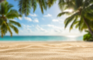 Fototapeta na wymiar Minimalist summer composition of warm golden beach sand with natural space for product placement or text overlay. Blue sky, sunlight and sea view with creative marketing summer vacation concept.