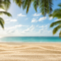 Fototapeta na wymiar Minimalist summer composition of warm golden beach sand with natural space for product placement or text overlay. Blue sky, sunlight and sea view with creative marketing summer vacation concept.