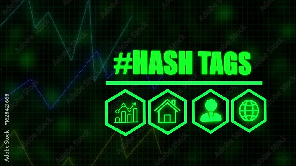 Poster a hashtags business concept on a flashing computer monitor with moving graphs and data. digital cand