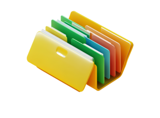 A yellow-colored open document icon, in a 2D design style with a white background and green paper pages inside the file system