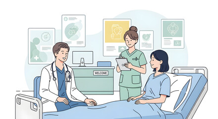 Obraz premium Illustration of a doctor and nurse providing medical consultation to a patient in a hospital room. Depicts professional healthcare and patient care services during a check-up visit.