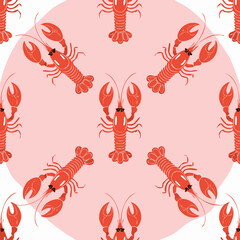 Stylish seamless pattern featuring red lobsters on a pink background. Minimal vector design perfect for summer textiles, packaging, wallpaper, wrapping paper, textile design, kitchen decor