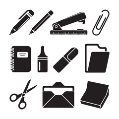 Vector art of a set of black icons depicting essential stationery and office supplies for various tasks