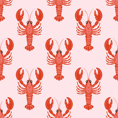 Stylish seamless pattern featuring red lobsters on a pink background. Minimal vector design perfect for summer textiles, packaging, wallpaper, wrapping paper, textile design, kitchen decor