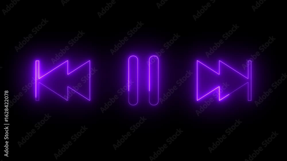 Poster neon pause, next & previous button icon animation on black background. music pause button 4k video