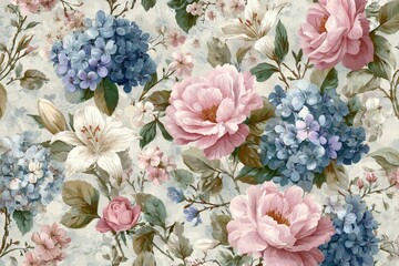 Seamless repeating watercolor pattern with a vintage aesthetic, featuring small England rose flowers, white lilies and blue hydrangeas