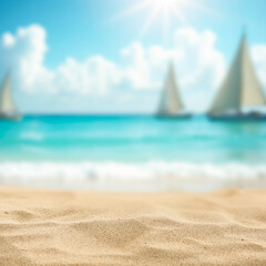 Obraz na płótnie Canvas Minimalist summer composition of warm golden beach sand with natural space for product placement or text overlay. Blue sky, sunlight and sea view with creative marketing summer vacation concept.