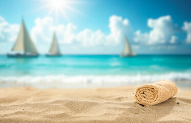 Fototapeta na wymiar Minimalist summer composition of warm golden beach sand with natural space for product placement or text overlay. Blue sky, sunlight and sea view with creative marketing summer vacation concept.