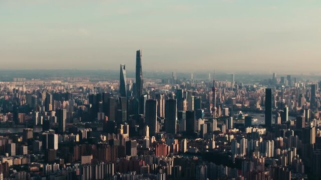 High definition footage of Shanghai's iconic skyline captured by professional drones. The picture shows the skyscrapers in Lujiazui Financial District (including Shanghai center, Global Financial Cent