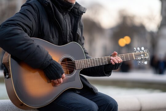 Caucasian male adult playing acoustic guitar outdoors in winter. - Powered by Adobe