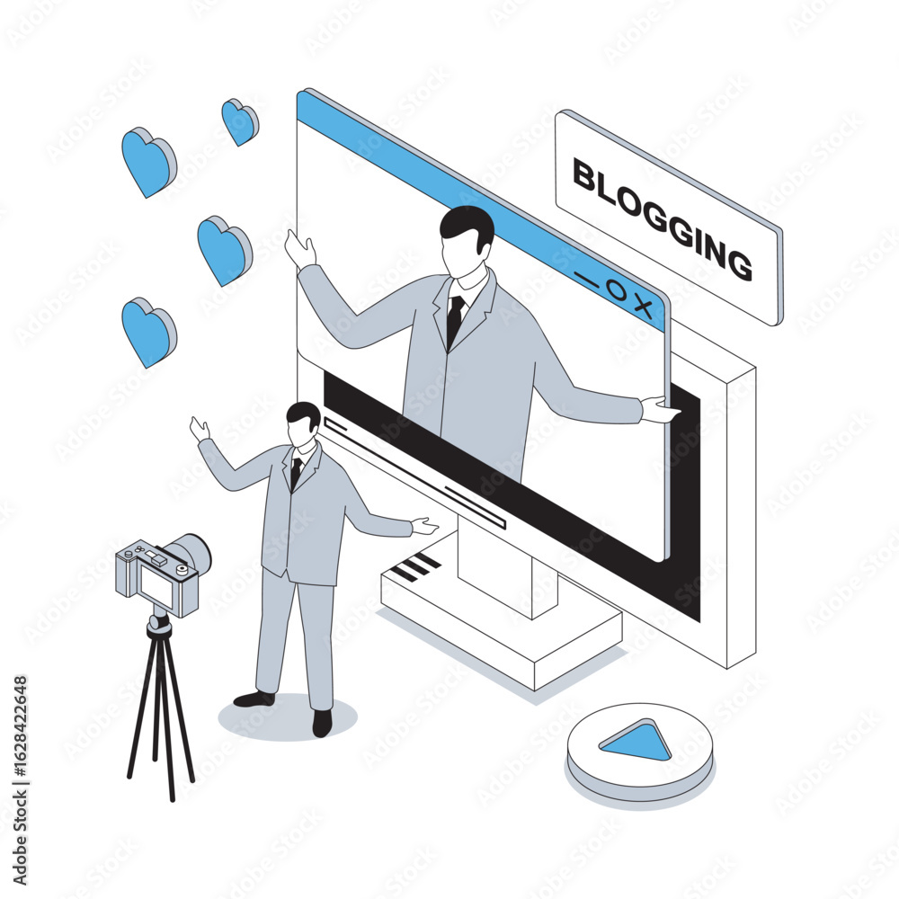 Poster blogging 3d isometric concept with isometry people design for web. blogger recording new video with 