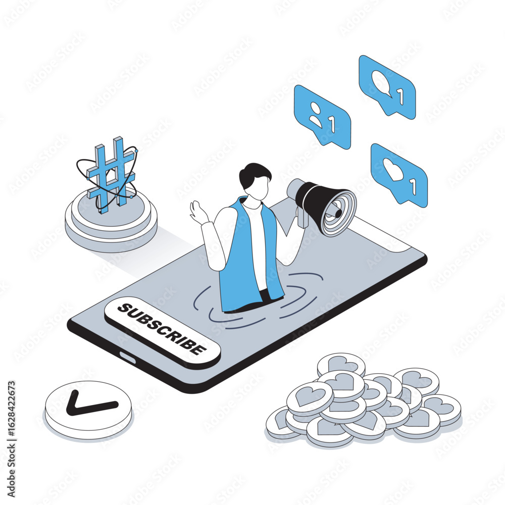Aufkleber blogging 3d isometric concept with isometry people design for web. blogger with megaphone announcing