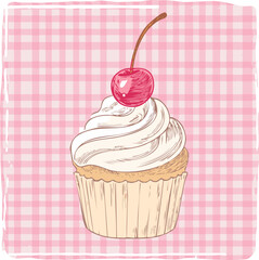 Vector illustration of a vintage-style cupcake with cherry on top, drawn in line art over a pink gingham background. Cute, retro, and perfect for bakery or dessert-themed designs