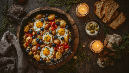 Hearty Breakfast Skillet with Eggs Potatoes and Berries by Candlelight cast iron
