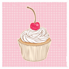 Vector illustration of a vintage-style cupcake with cherry on top, drawn in line art over a pink gingham background. Cute, retro, and perfect for bakery or dessert-themed designs