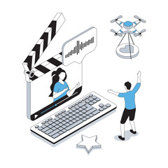 Blogging 3d isometric concept with isometry people design for web. Blogger creating videos in social media, developing blog, follower watching content and live broadcasting. Vector illustration