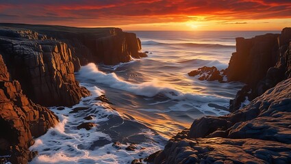 Dramatic sunset over rugged coastal cliffs and crashing waves