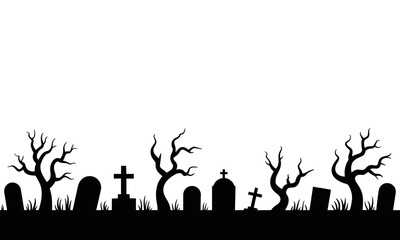 Silhouette graveyard border with spooky bare trees and tombstones on transparent background for Halloween decoration, vector design for banners, cards, or eerie scene overlays