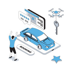 Booking 3d isometric concept with isometry people design for web. Passenger using mobile app for taxi order, choosing best feedback rating and date, getting cab transportation. Vector illustration © alexdndz