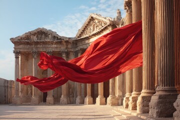 Red cloth billowing in front of ancient columns