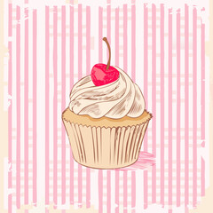 Vector illustration of a vintage-style cupcake with cherry on top, drawn in line art over a pink gingham background. Cute, retro, and perfect for bakery or dessert-themed designs