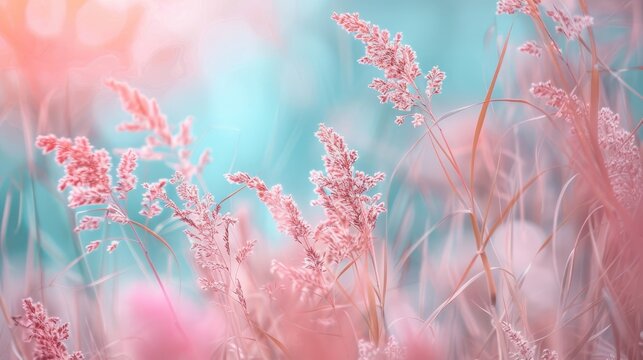 Soft, pastel pink and teal grasses sway gently against a blurred, dreamy background, bathed in warm, diffused light