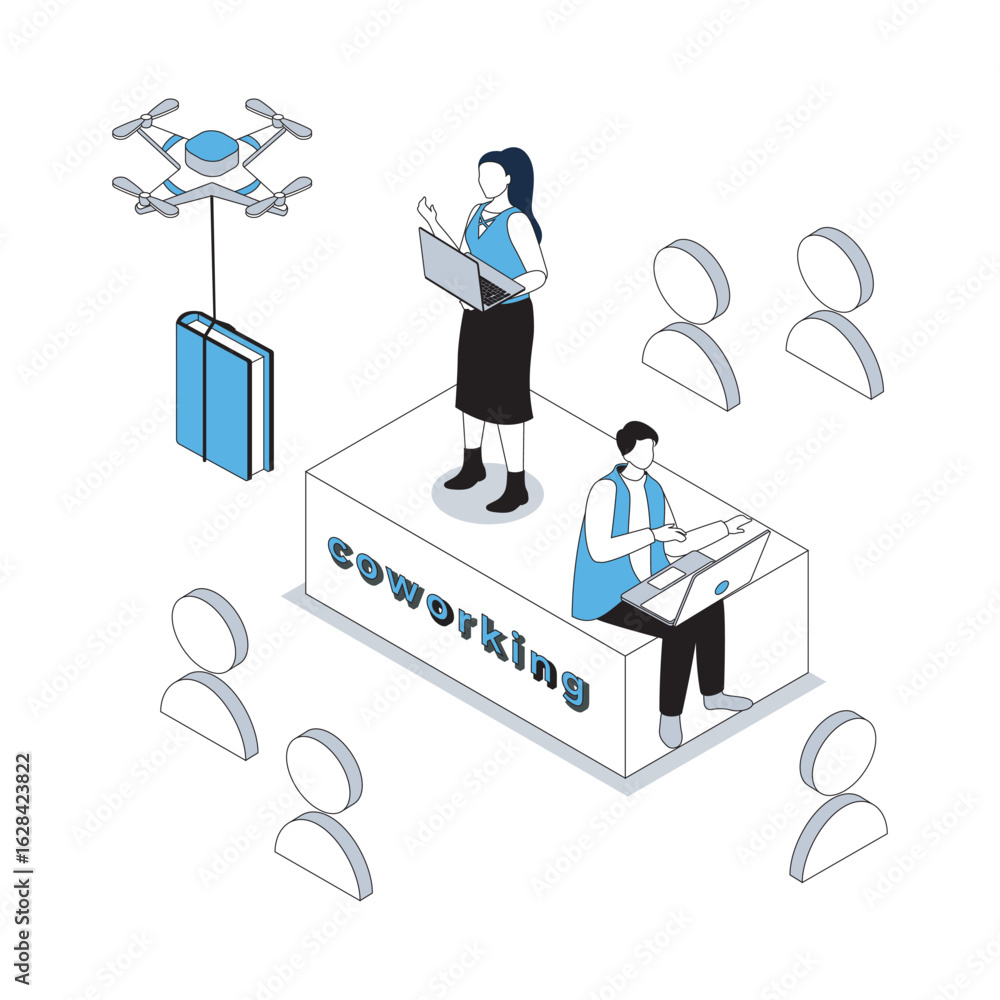 Aufkleber coworking 3d isometric concept with isometry people design for web. employees working at laptops in 