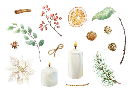 Christmas set with candles, fir branch, pine cones, white poinsettia, sprig of red berries, dried orange, cinnamon, star anise watercolor illustration isolated. Hand drawn pastel New Year clip art.