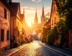 Fototapeta premium Sunrise European town street