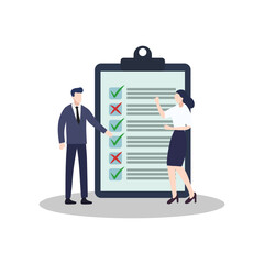 Businessman and businesswoman presenting marketing concept with signs and icons in vector illustration.