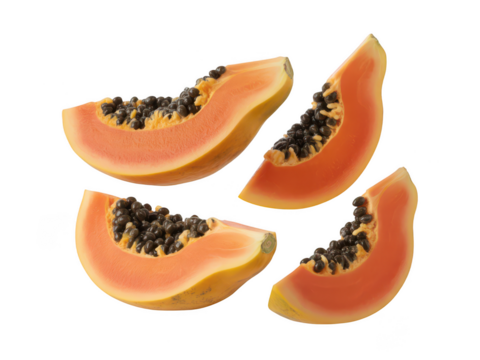Four slices of fresh ripe papaya fruit isolated on transparent background