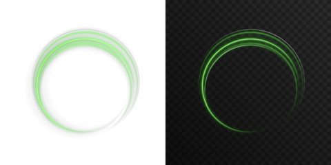 Cosmic halo rings with glowing light and green neon gradient. Elegant futuristic symbol of orbit, science fiction, dynamic technology and aesthetic modern lighting in digital art.